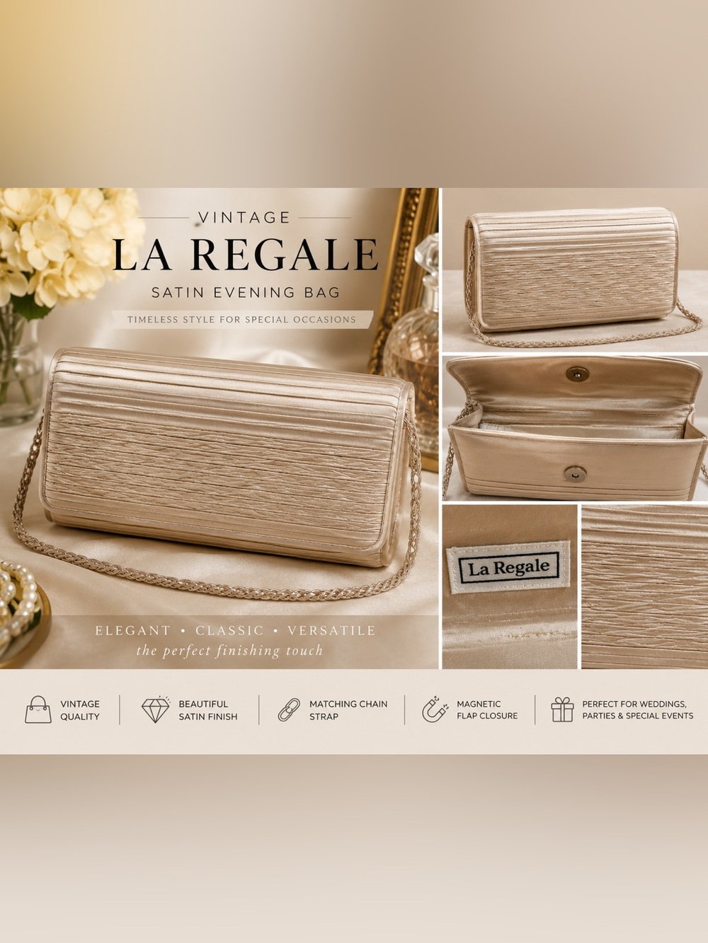 La Regale Champagne Satin Evening Bag Magnetic Flap Formal Clutch Chain Shoulder